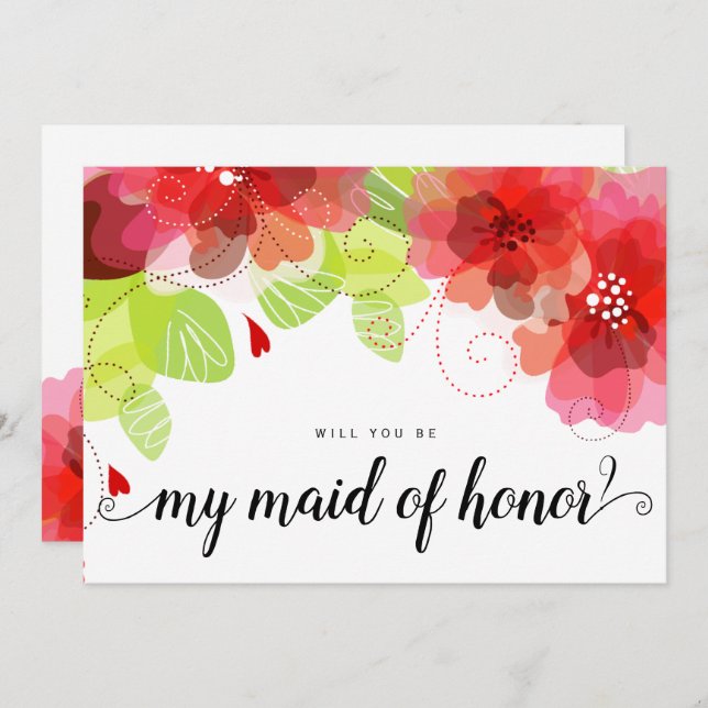 Ethereal red flowers will you be my maid of honour invitation (Front/Back)