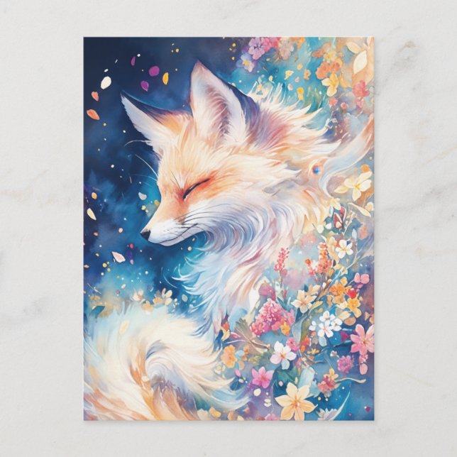 Ethereal Red Fox in Blue Floral Night Postcard (Front)