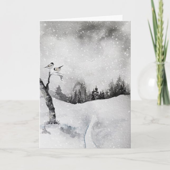Ethereal Scenic Snowy Christmas Winter Birds Holiday Card (Front)