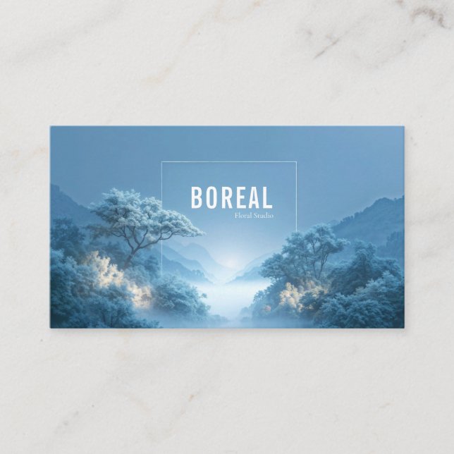 Ethereal Snowy Forest Mountain Valley Clean Frame Business Card (Front)
