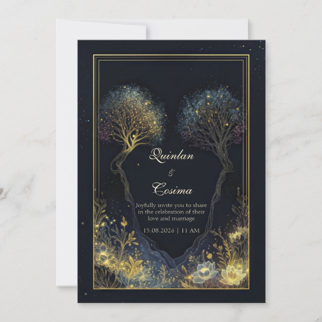 Ethereal Stardust Midnight Gilded Botanical Arch Invitation (Front)