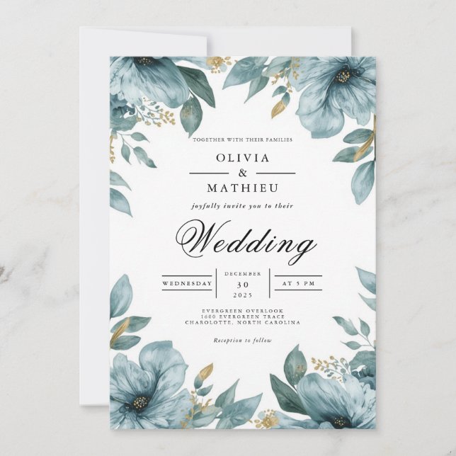 Ethereal Teal Bloom Border Wedding Invitation (Front)