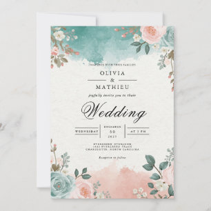 Ethereal Teal Blush Floral Arch Wedding Invitation