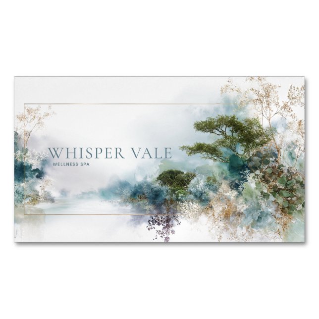 Ethereal Teal Gold Watercolor Landscape Magnetic Business Card (Front)