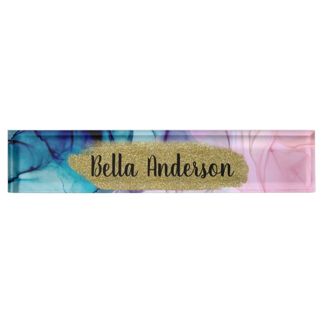 Ethereal Teal Pink Elegant Inky Modern Glam Trendy Nameplate (Front)