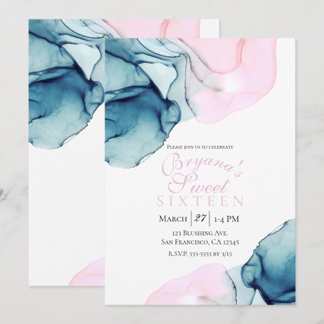 Ethereal Teal Pink Elegant Inky Modern Sweet 16 Invitation (Front/Back)
