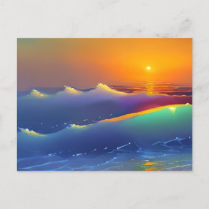 Ethereal Teal Waves and Orange Sunset Postcard