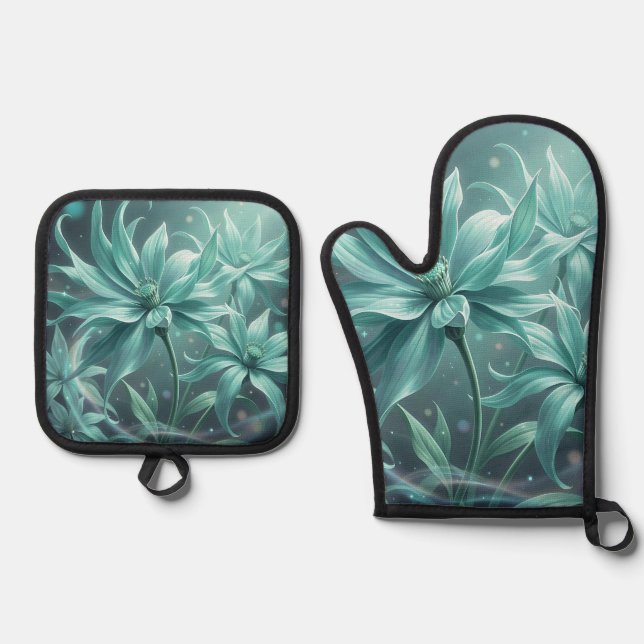 Ethereal Turquoise Blooming Flowers Oven Mitt & Pot Holder Set (Front)