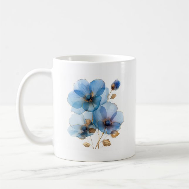 Ethereal watercolor azure blue and gold flowers coffee mug (Left)