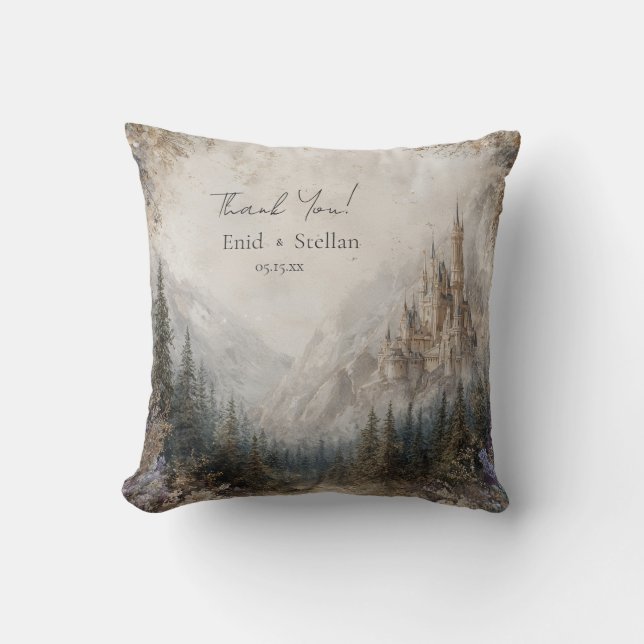 Ethereal Watercolor Castle Mountain Romantic Cushion (Front)