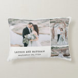 Ethereal Wedding 3 Photo Collage and Grey Stripes Decorative Cushion<br><div class="desc">This simple and stylish pillow has room for three of your personal photos,  plus your names and wedding date in vintage look typewriter text. The back features trendy  watercolor look grey stripes.</div>