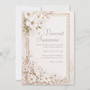 Ethereal White Blossom Gold Glitter Wedding Invitation