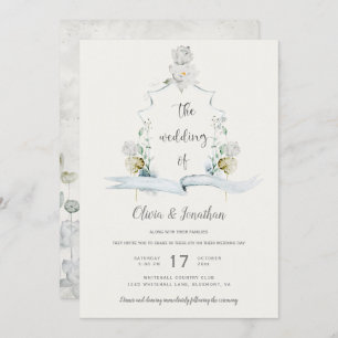 Ethereal White Floral Sage Green Crest Wedding Invitation