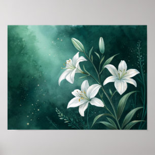 Ethereal White Lilies in Bloom: A Moody Emerald Gr Poster