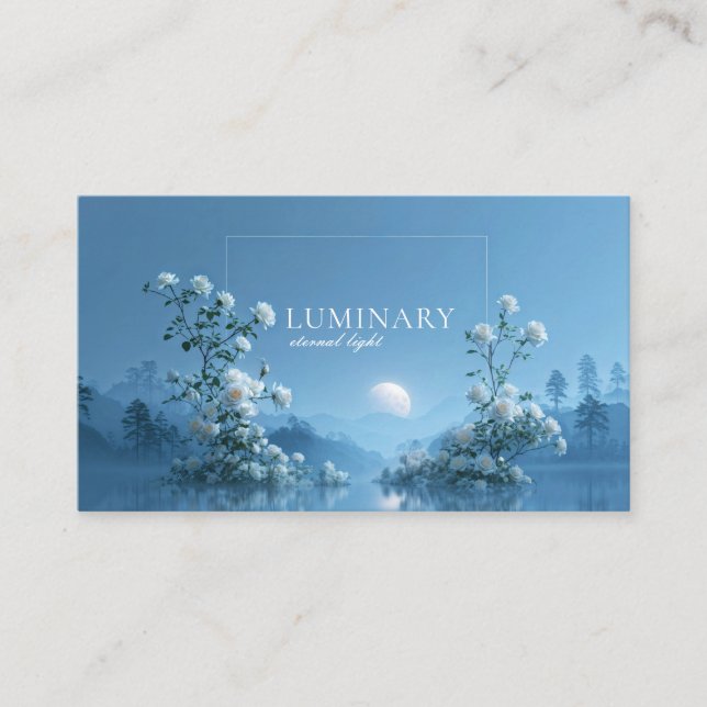 Ethereal White Rose Floral and Blue Moon Lake Business Card (Front)
