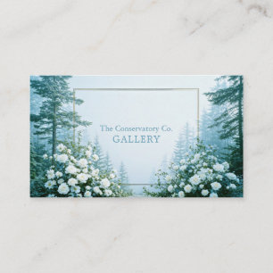 Ethereal White Rose Floral and Misty Pine Forest Business Card