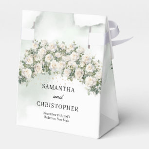 Ethereal white roses wreath greenery gold wedding favour box