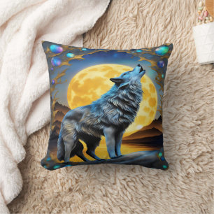 Ethereal Wolf Howls Under a Full Moon Cushion