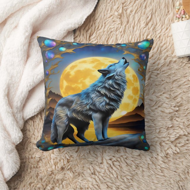 Ethereal Wolf Howls Under a Full Moon Cushion (Blanket)
