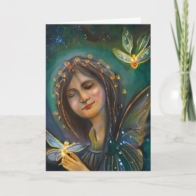 Ethereal Woman Holding Gold Butterflies Birthday Card (Front)
