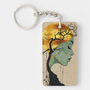 Ethereal Woman in Tree Silhouette Moon Key Ring