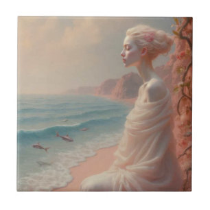Ethereal Woman on Dreamy Beach Ceramic Tile