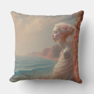 Ethereal Woman on Dreamy Beach Cushion