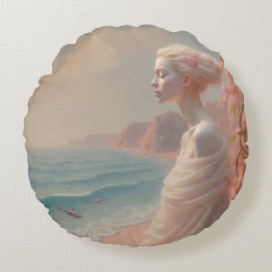 Ethereal Woman on Dreamy Beach Round Cushion