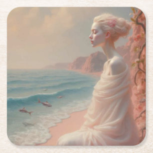 Ethereal Woman on Dreamy Beach Square Paper Coaster