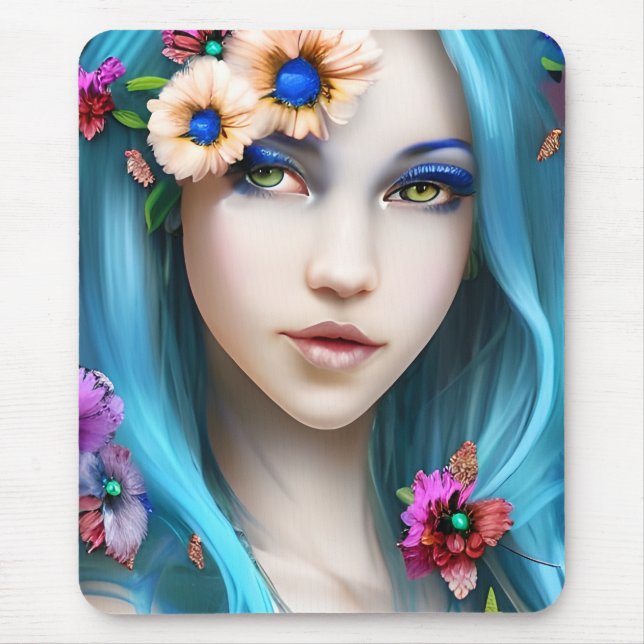 Ethereal Woman with Flowers in her Blue Hair Mouse Pad (Front)