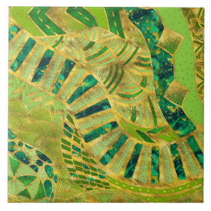 Ethic Tribal Ornament - Greens and Gold Ceramic Tile