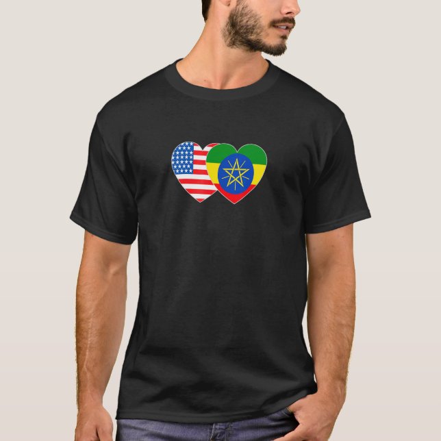 Ethiopia &US Flag Twin Heart 4 Ethiopian Americans T-Shirt (Front)
