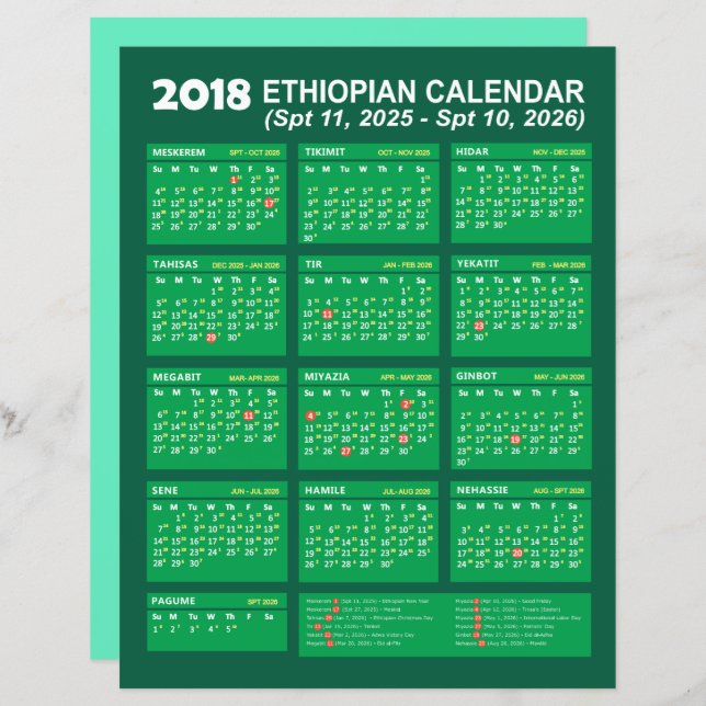 Ethiopian Calendar Converter for Year 2025 2026 (Front/Back)