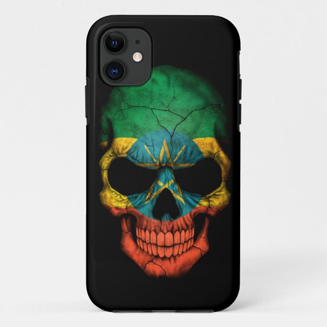 Ethiopian Flag Skull on Black Case-Mate iPhone Case (Back)