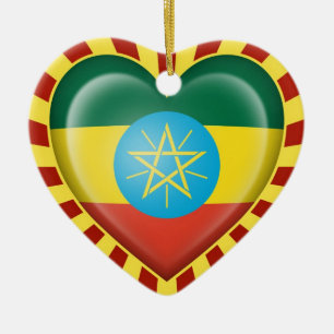 Ethiopian Heart Flag with Sun Rays Ceramic Tree Decoration
