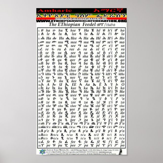 Ethiopian World Federation Amharic Alphabet Chart (Front)