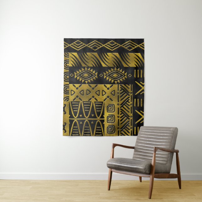 Ethnic African Golden Pattern on black Tapestry (In Situ)