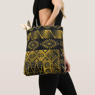 Ethnic African Golden Pattern on black Tote Bag