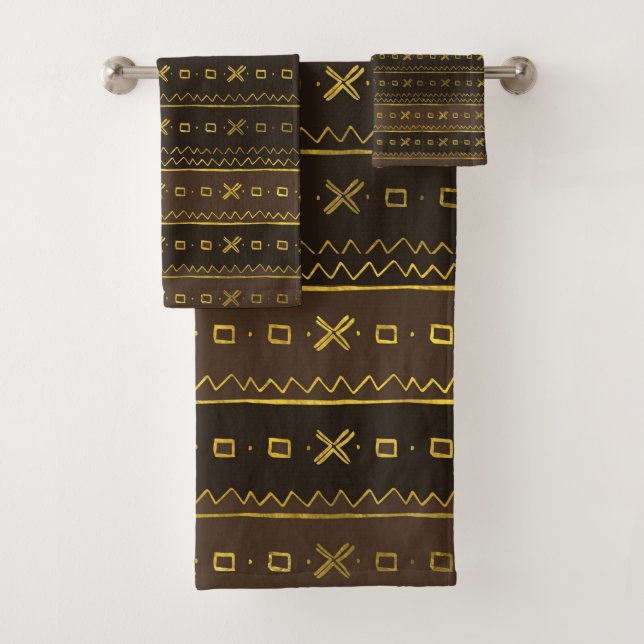 Ethnic African Golden Pattern on brown Bath Towel Set (Insitu)