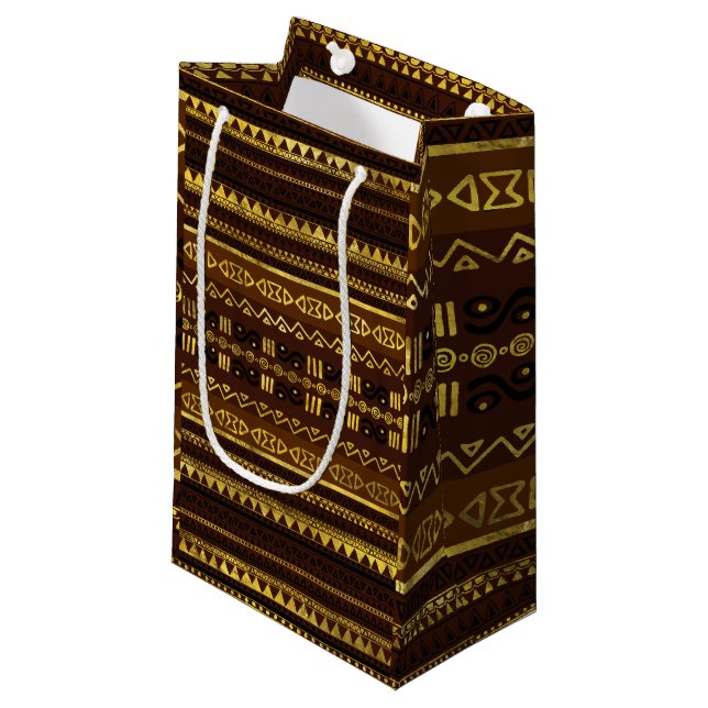 Ethnic African Golden Pattern on brown Small Gift Bag (Front Angled)