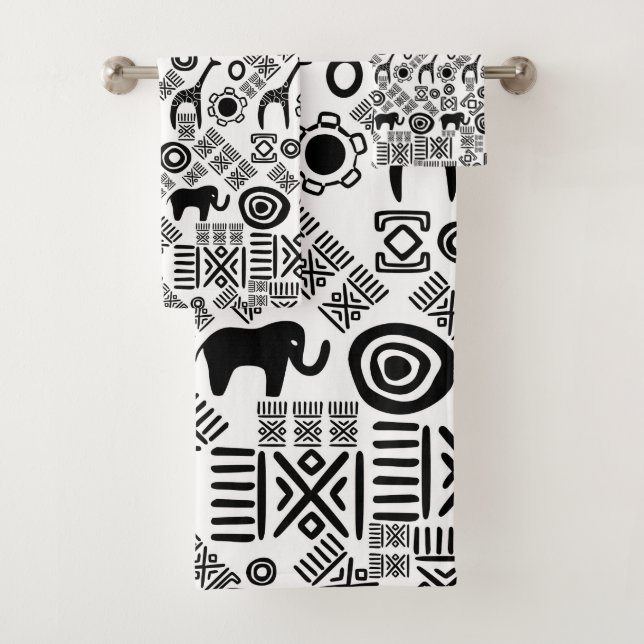 Ethnic African Pattern- Black and White #5 Bath Towel Set (Insitu)