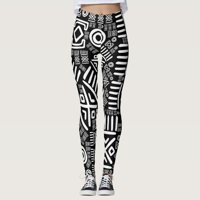 Ethnic African Pattern- Black and White #6 Leggings (Front)