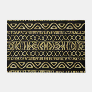 Ethnic and Animal Print Pattern Black and Gold Doormat