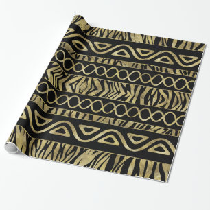 Ethnic and Animal Print Pattern Black and Gold Wrapping Paper