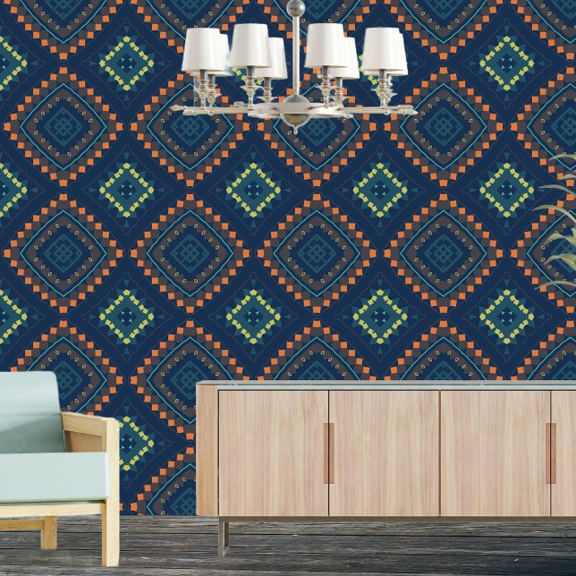 Ethnic Aztec Navy Blue Orange Green Teal Geometric Wallpaper (Creator Uploaded)