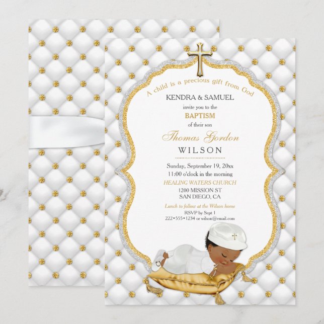 Ethnic Baby Boy Baptism Christening Gold Cross Invitation (Front/Back)