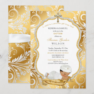 Ethnic Baby Boy Baptism Christening Gold Cross Invitation