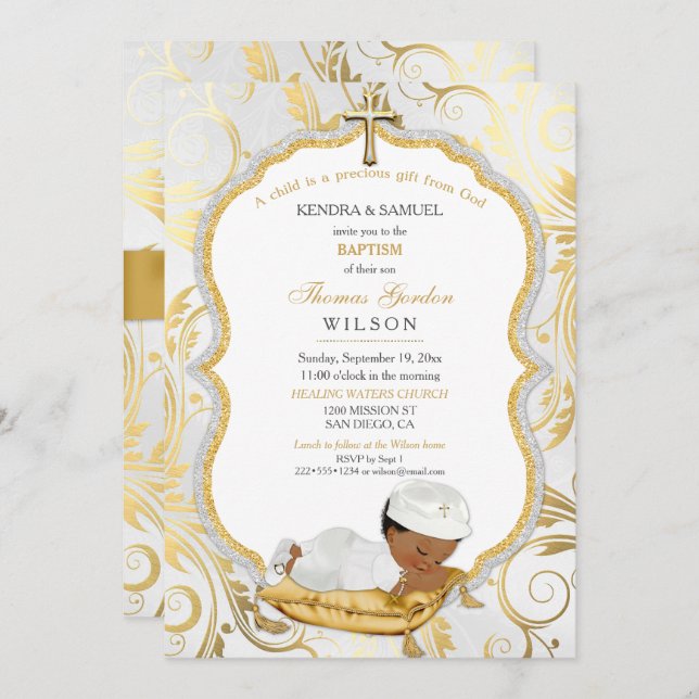 Ethnic Baby Boy Baptism Christening Gold Cross Invitation (Front/Back)