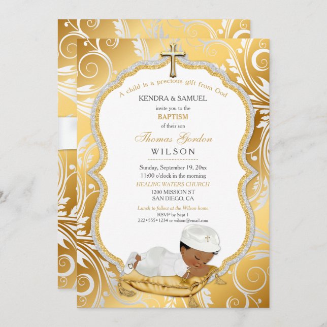 Ethnic Baby Boy Baptism Christening Gold Cross Invitation (Front/Back)