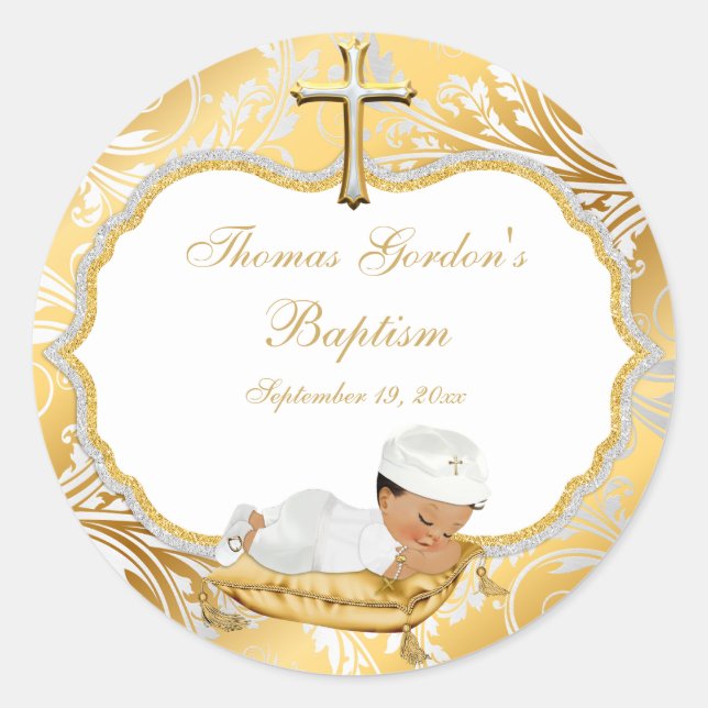 Ethnic Baby Boy Baptism Gold Cross Classic Round Sticker (Front)